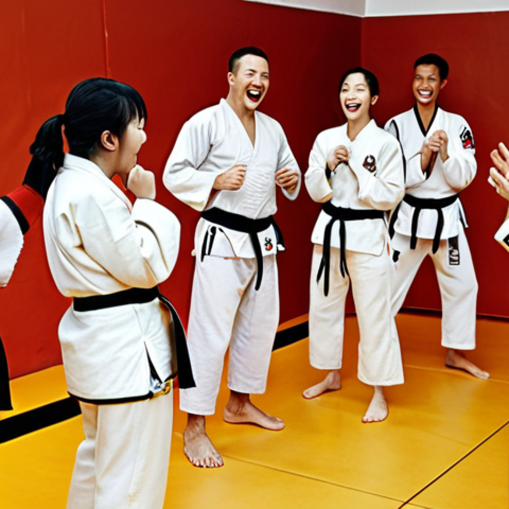 A diverse group of people (20s to 50s) in taekwondo uniforms, sweating and laughing together during a training session. Some are helping each other with techniques. The atmosphere is friendly and supportive, showing camaraderie and a sense of community.