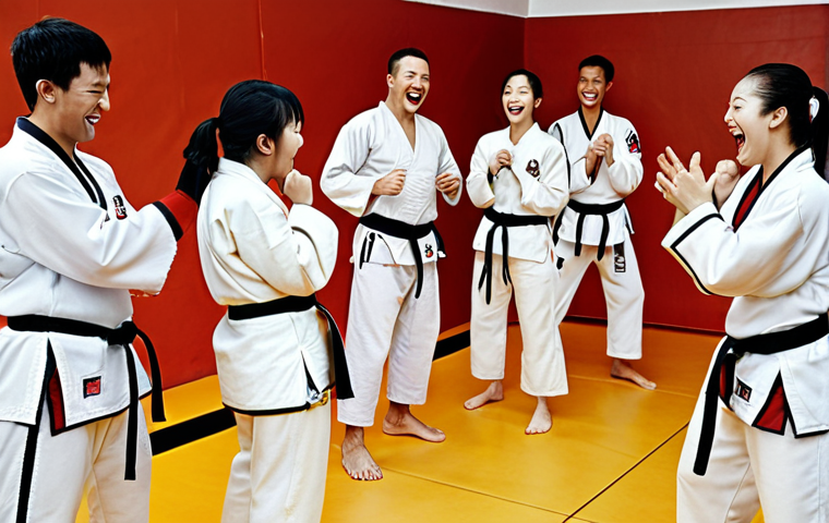 A diverse group of people (20s to 50s) in taekwondo uniforms, sweating and laughing together during a training session. Some are helping each other with techniques. The atmosphere is friendly and supportive, showing camaraderie and a sense of community.