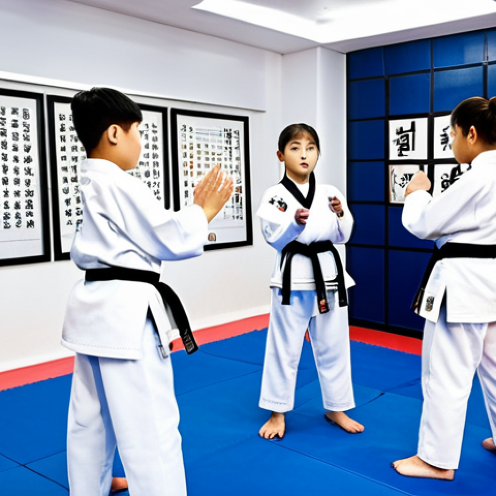 태권도 지도자 강습 내용 - **
A brightly lit, modern Taekwondo dojang filled with children in white doboks (uniforms) practici...