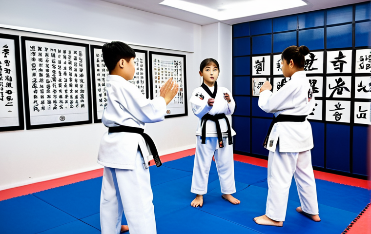 태권도 지도자 강습 내용 - **
A brightly lit, modern Taekwondo dojang filled with children in white doboks (uniforms) practici...