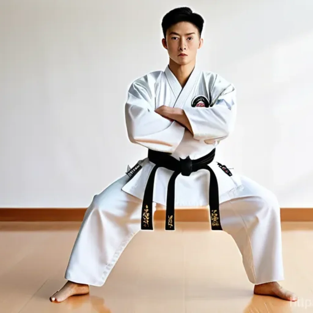 태권도 기본 자세와 유의점 - A male Taekwondo practitioner, mid-20s, with a strong, athletic build, performing the 'Joonbi Seogi'...