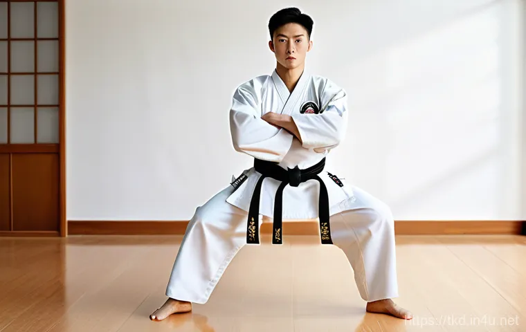 태권도 기본 자세와 유의점 - A male Taekwondo practitioner, mid-20s, with a strong, athletic build, performing the 'Joonbi Seogi'...