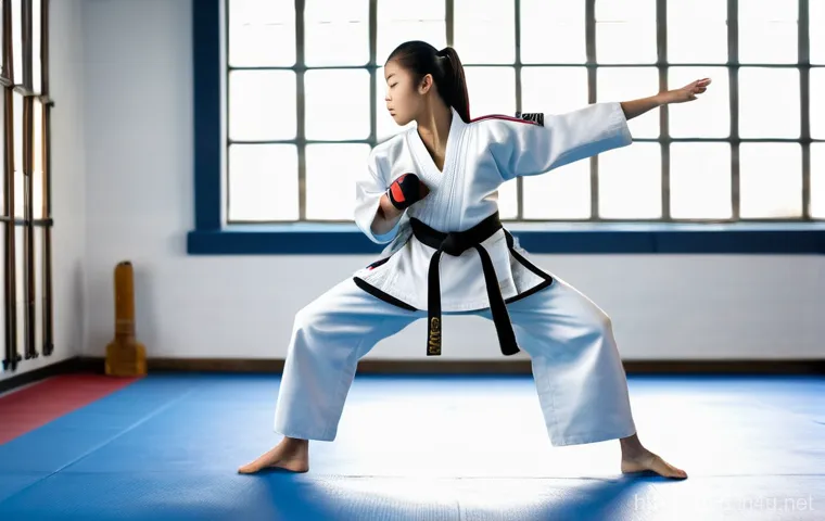 태권도 기본 자세와 유의점 - A male Taekwondo practitioner, mid-20s, with a strong, athletic build, performing the 'Joonbi Seogi'...
