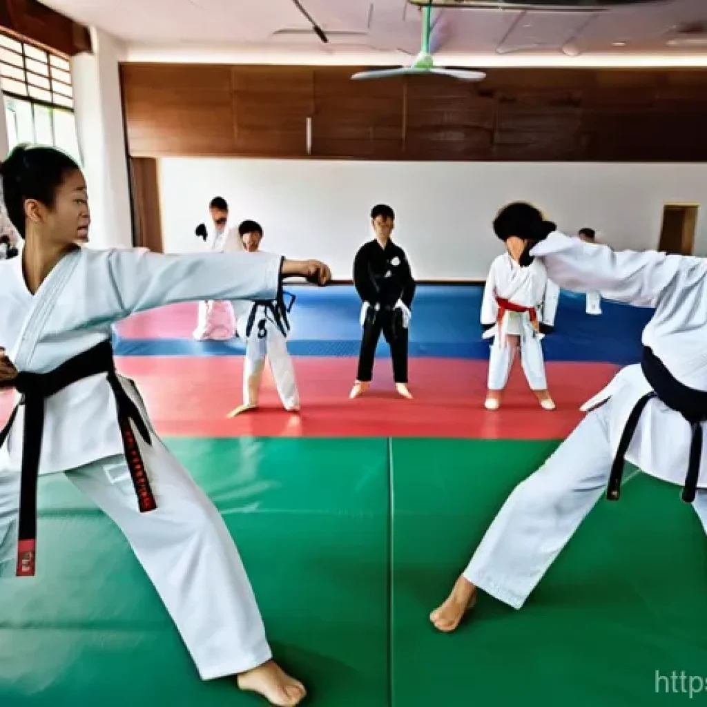 태권도 훈련 스케줄 공유 - **Dynamic Taekwondo Joint Training Session:** A vibrant, high-energy scene inside a large Taekwondo ...