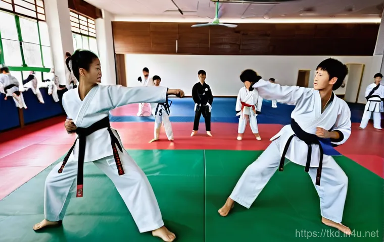태권도 훈련 스케줄 공유 - **Dynamic Taekwondo Joint Training Session:** A vibrant, high-energy scene inside a large Taekwondo ...