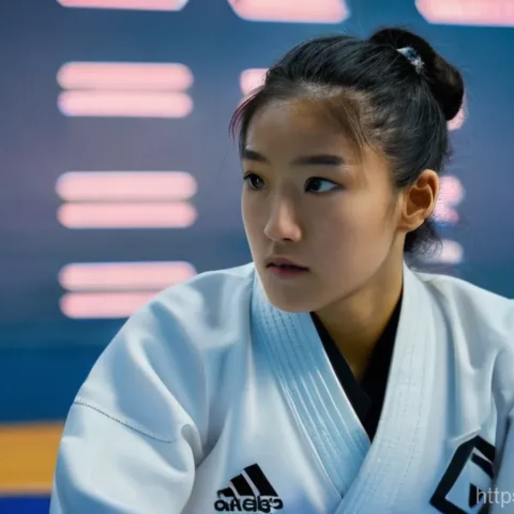 태권도 경기 전략 수립 - A focused female Taekwondo athlete, approximately 20-25 years old, in a clean, modern training facil...