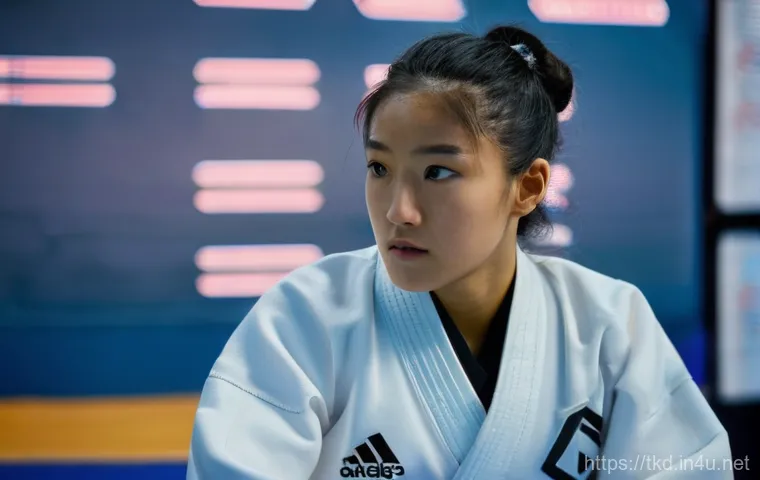 태권도 경기 전략 수립 - A focused female Taekwondo athlete, approximately 20-25 years old, in a clean, modern training facil...