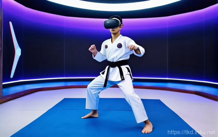태권도 경기 전략 수립 - A focused female Taekwondo athlete, approximately 20-25 years old, in a clean, modern training facil...