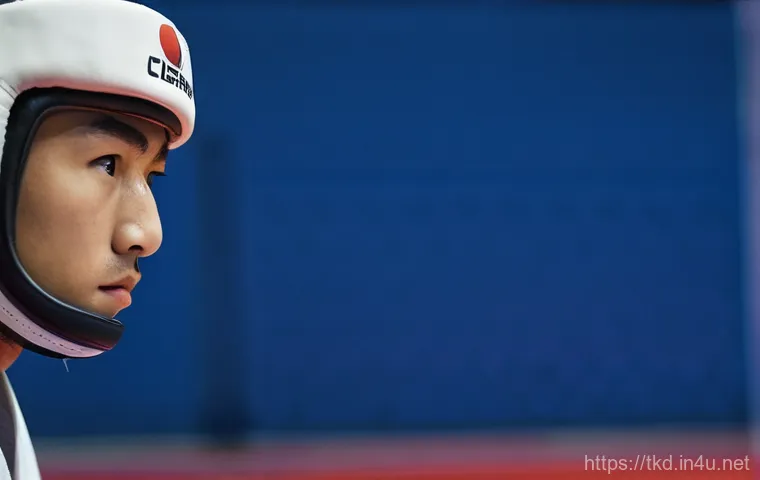 태권도 경기 전략 수립 - A male Taekwondo athlete, mid-20s, with a strong, athletic build, engaging in a high-tech virtual re...