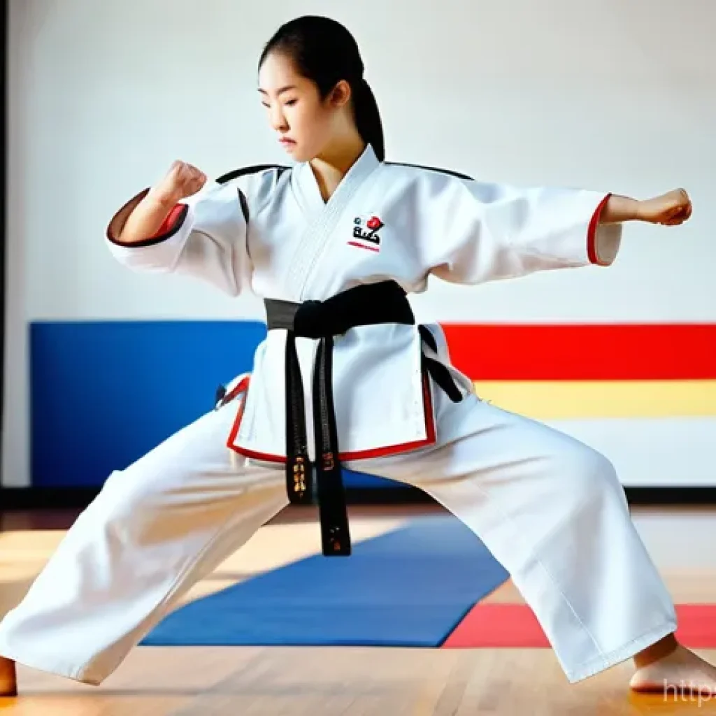태권도 스트레칭 도구 추천 - A focused female Taekwondo practitioner in her late teens or early twenties, wearing a clean white d...