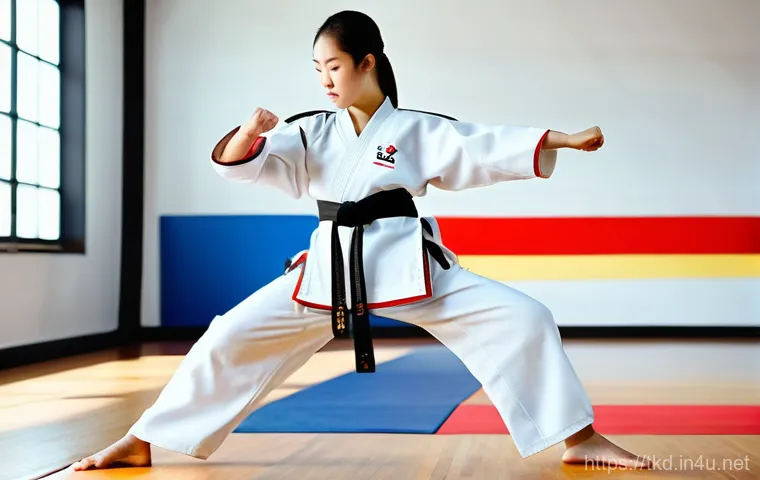 태권도 스트레칭 도구 추천 - A focused female Taekwondo practitioner in her late teens or early twenties, wearing a clean white d...
