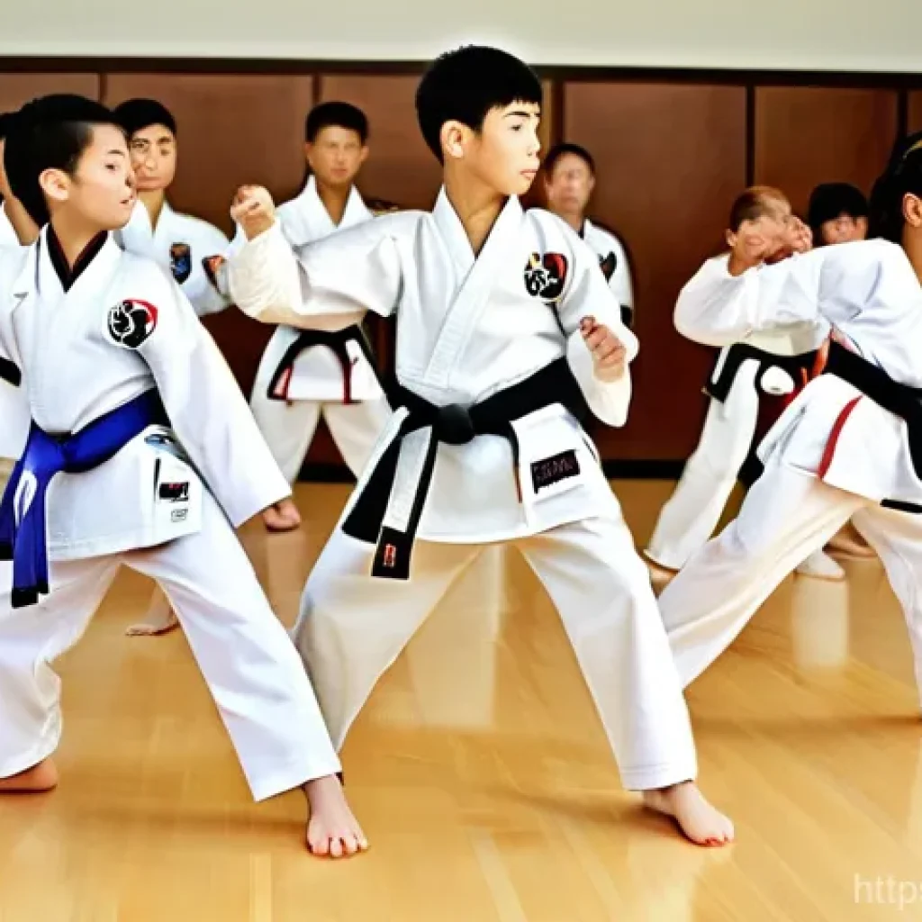 태권도 유단자와 유급자 차이 - **A group of young Taekwondo students, ranging from 6 to 12 years old, are meticulously practicing b...