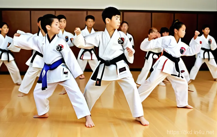 태권도 유단자와 유급자 차이 - **A group of young Taekwondo students, ranging from 6 to 12 years old, are meticulously practicing b...