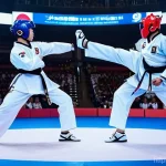 태권도와 기타 무술의 융합 가능성 - A dynamic and vibrant scene of a Taekwondo demonstration team performing on a grand stage, fusing tr...