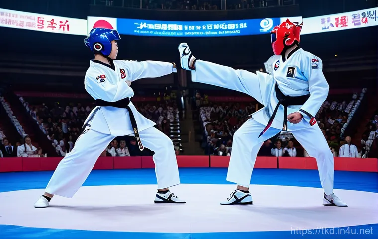 태권도와 기타 무술의 융합 가능성 - A dynamic and vibrant scene of a Taekwondo demonstration team performing on a grand stage, fusing tr...