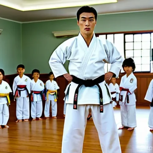 Home 27 태권도와 무도 철학 - A serene and respectful Taekwondo master, a man in his late 50s with a kind yet firm expression, sta...