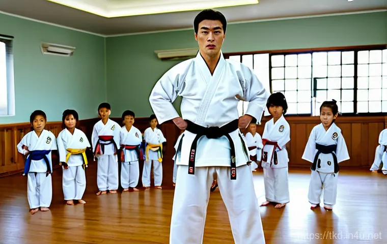 태권도와 무도 철학 - A serene and respectful Taekwondo master, a man in his late 50s with a kind yet firm expression, sta...