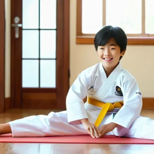 Home 26 태권도 심사 준비 팁 - A joyful 8-year-old Korean boy, dressed in a clean white Taekwondo uniform with a yellow belt, pract...
