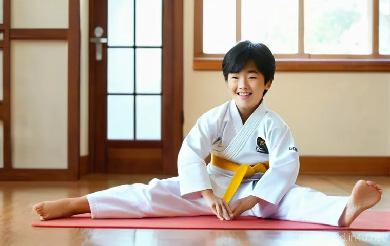 태권도 심사 준비 팁 - A joyful 8-year-old Korean boy, dressed in a clean white Taekwondo uniform with a yellow belt, pract...