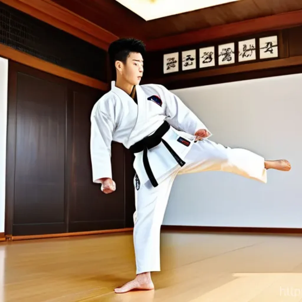 태권도 인기 장비 브랜드 - A male taekwondo practitioner in his early 20s, with a muscular yet lean physique, executing a power...