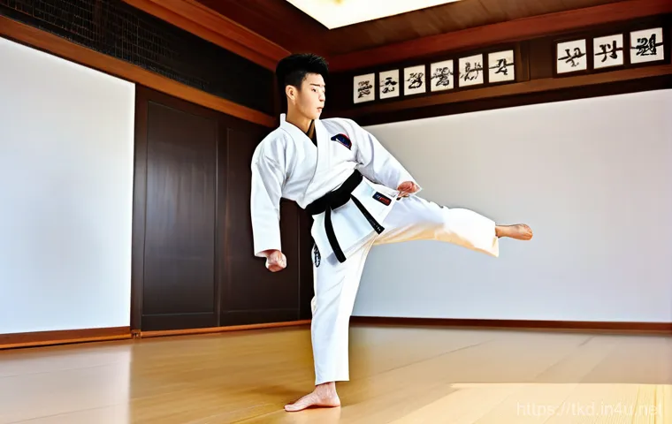 태권도 인기 장비 브랜드 - A male taekwondo practitioner in his early 20s, with a muscular yet lean physique, executing a power...