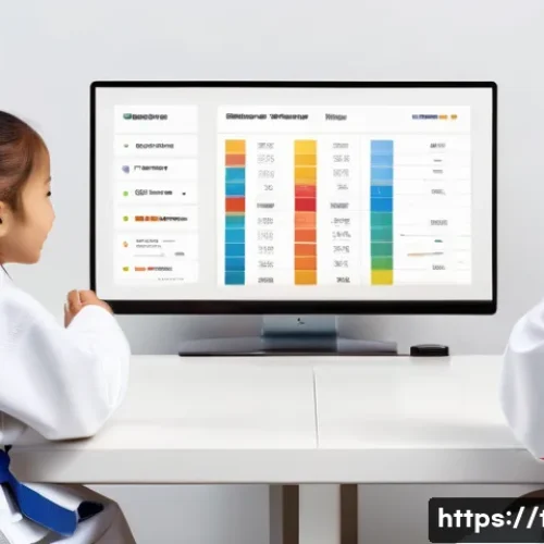 Home 11 태권도 마케팅 전략 - A modern Taekwondo studio with a clear, brightly lit atmosphere. In the foreground, a diverse group ...