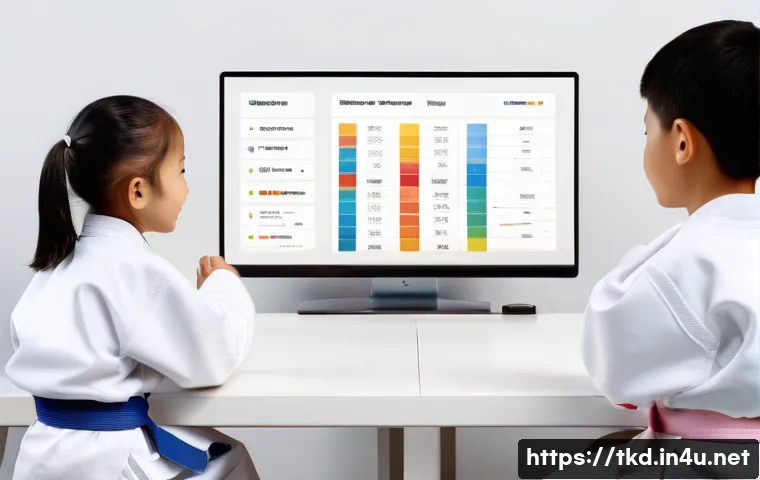 태권도 마케팅 전략 - A modern Taekwondo studio with a clear, brightly lit atmosphere. In the foreground, a diverse group ...